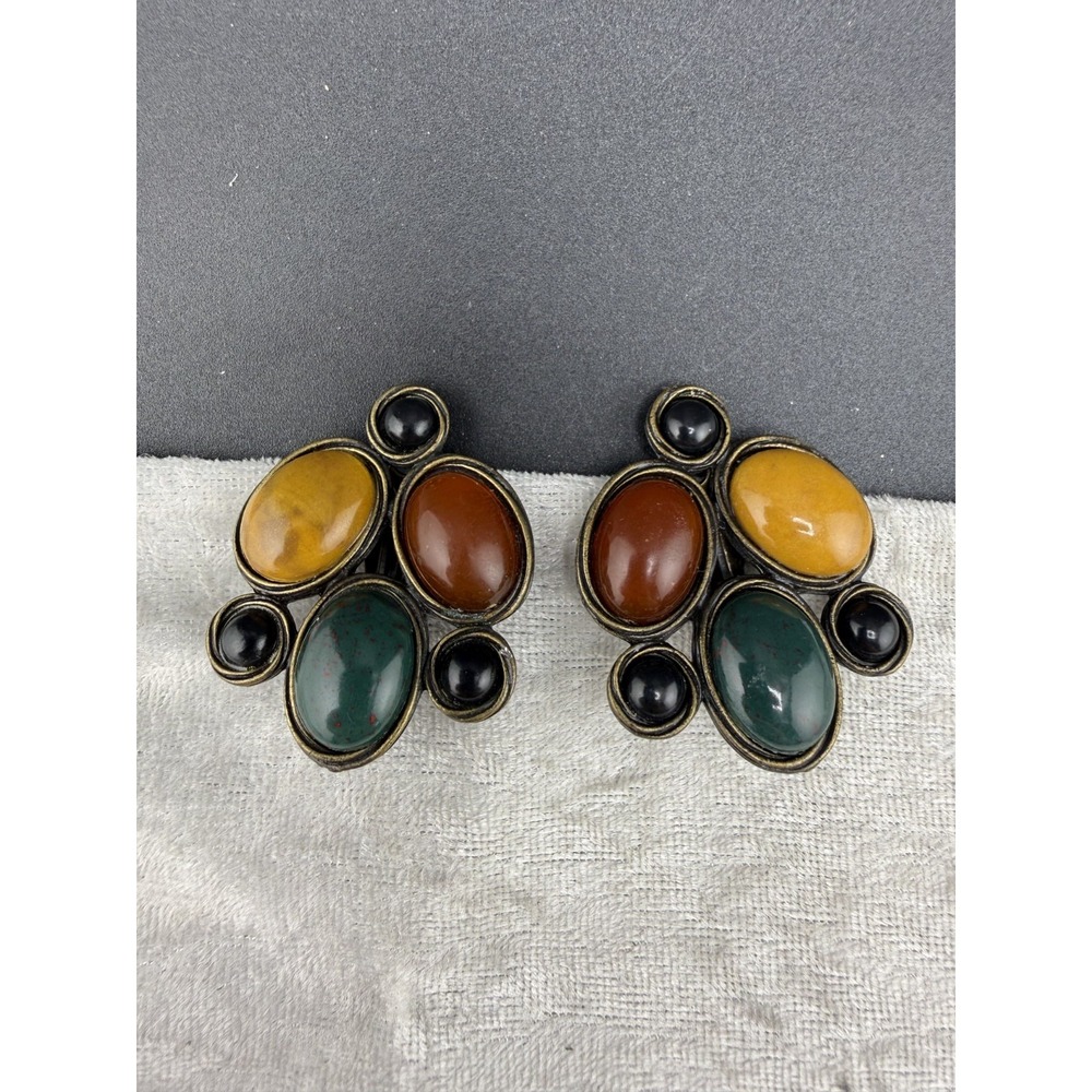 Vintage Estate Clip On Earrings Multi Color Gold Tone Retro Cabochon Large